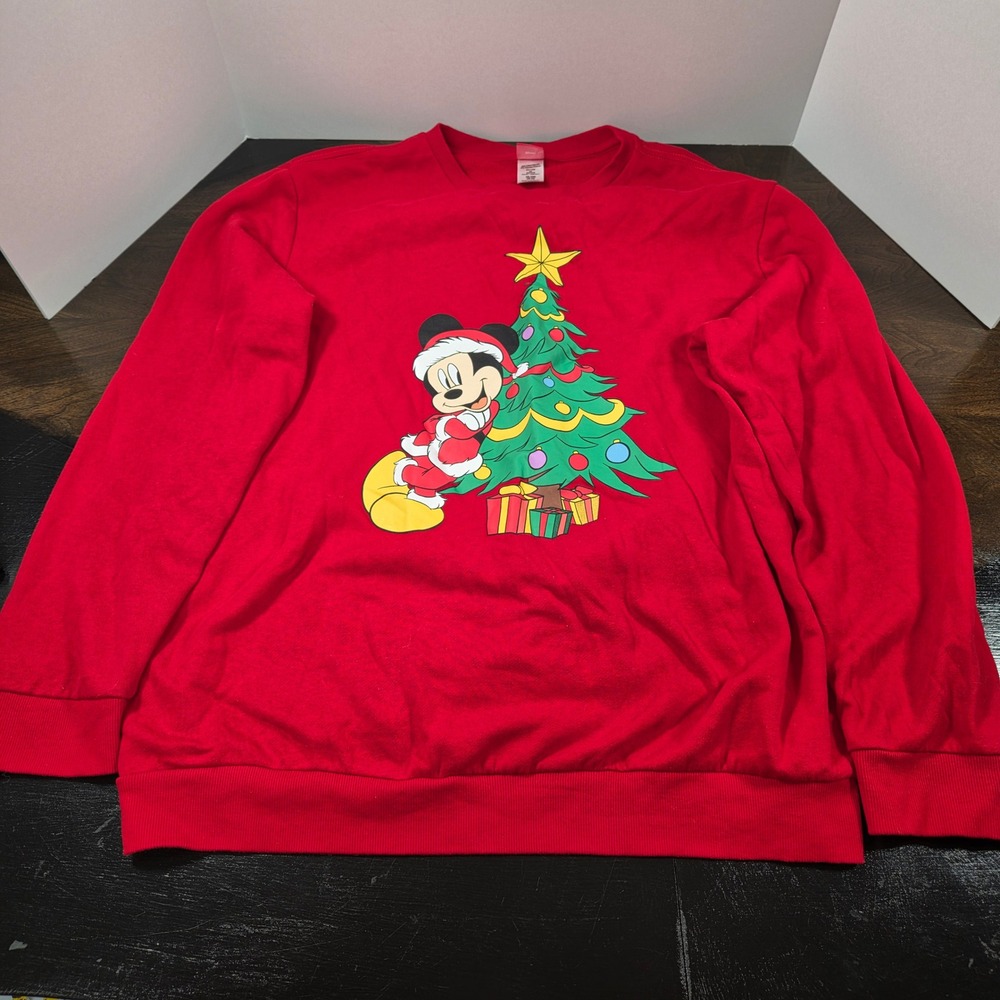 Disney Red Mickey Mouse Christmas Tree Sweatshirt 2XL Graphic Pullover